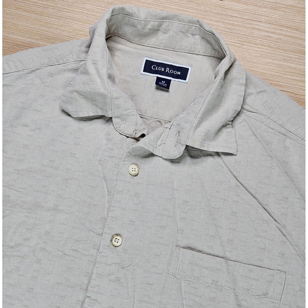 Club Room Mens Medium Beige Short Sleeve Button‎ Up Shirt Casual Silk Blend